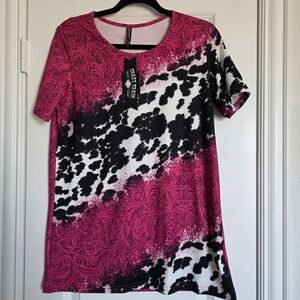 Crazy Train Vibrant Pink and Black Patterned Tee Size Small